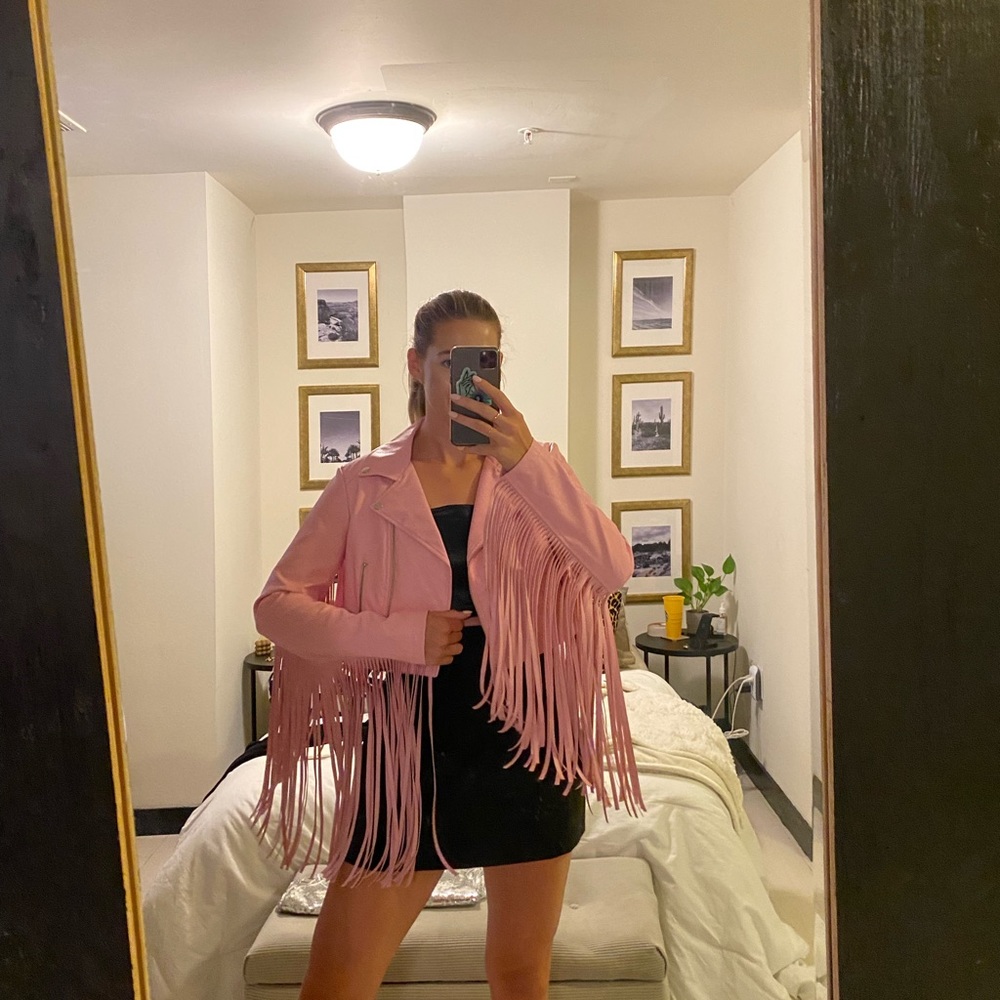 PINK FRINGE LEATHER JACKET